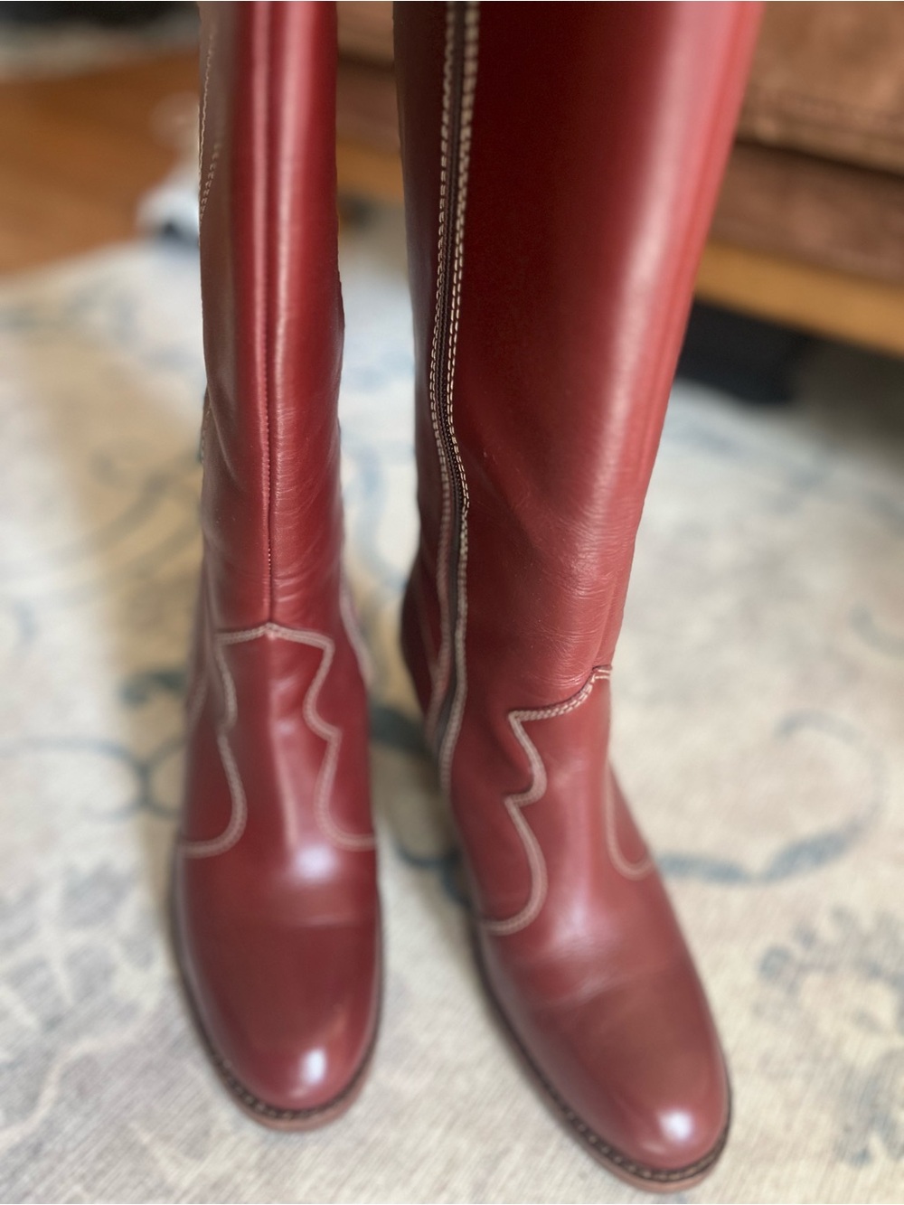 FRYE AND CO. Corinne Tall Deco Stitch Burgundy Leather Knee-High Heeled Boots - Picture 2 of 10